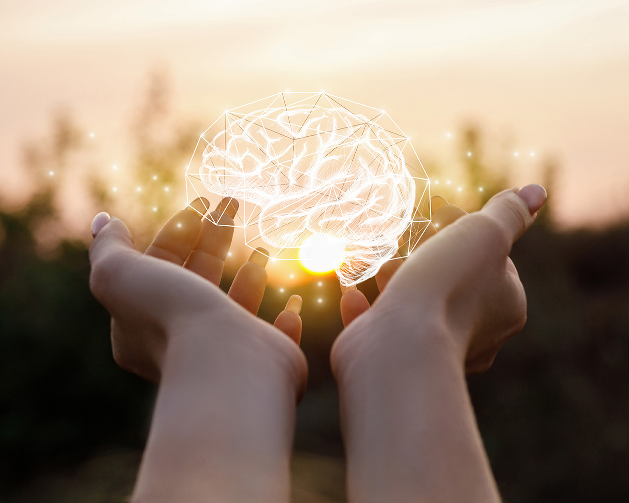 Hands holding a drawing of a brain